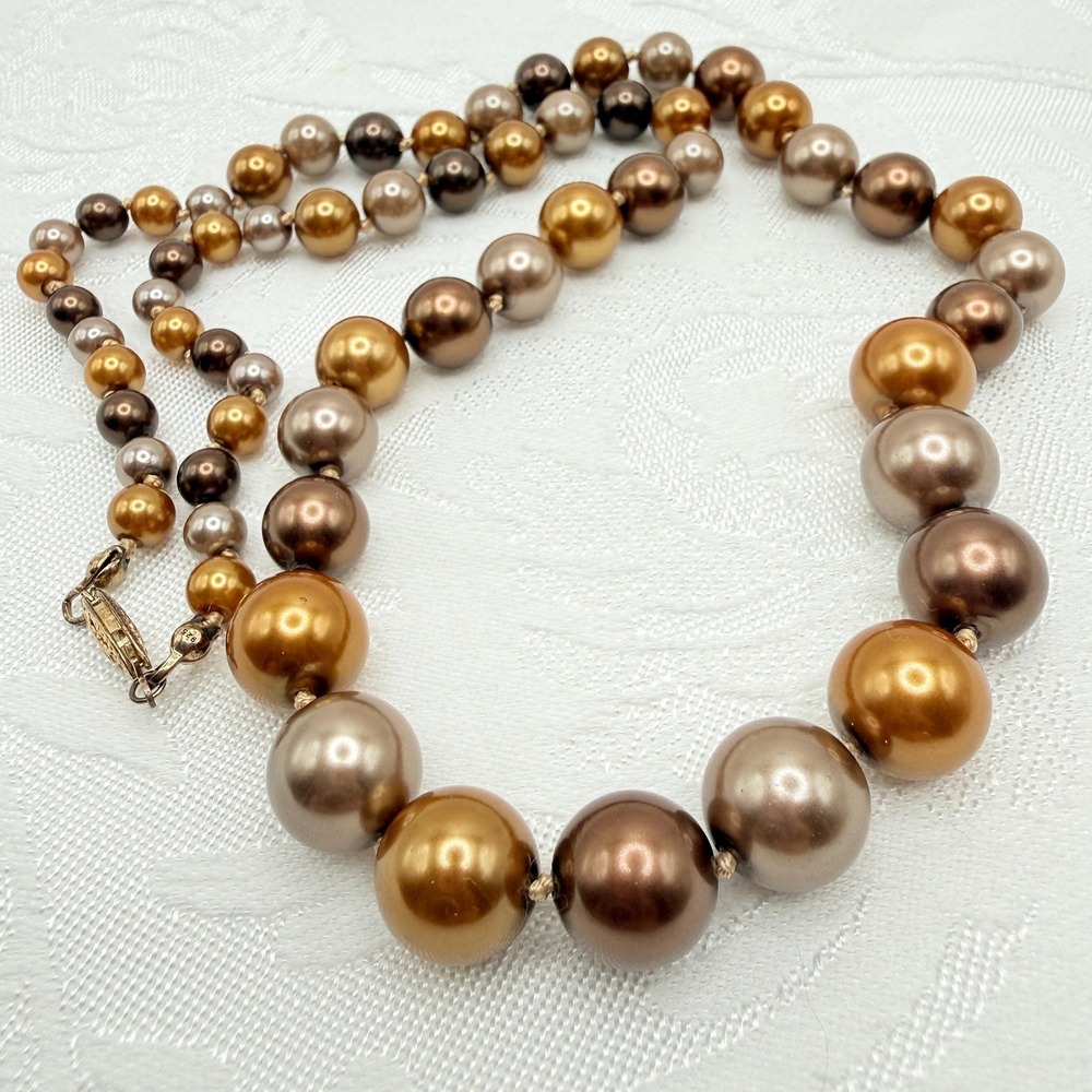Vintage Chunky Weighted Glass Brown Bronze Tone Faux Pearls Knotted 22" Necklace
